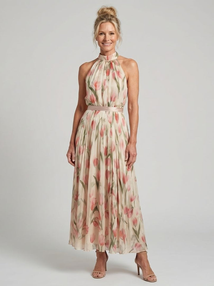 Aurelle | Vestido Midi Floral com Decote Halterneck