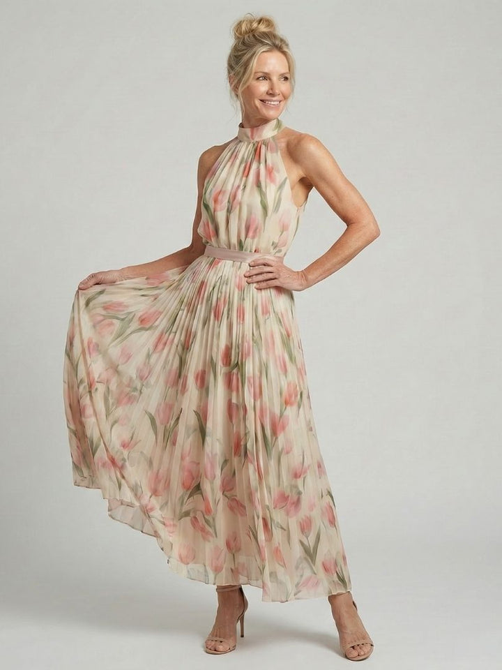 Aurelle | Vestido Midi Floral com Decote Halterneck