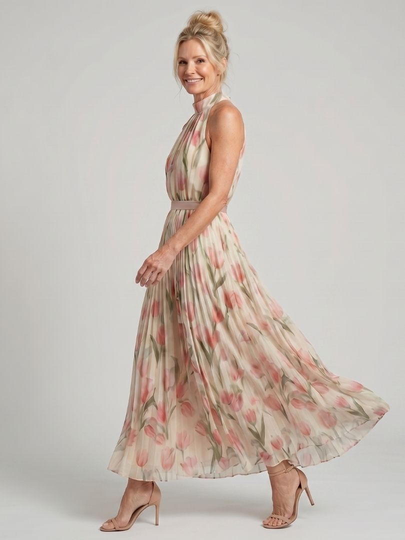Aurelle | Vestido Midi Floral com Decote Halterneck