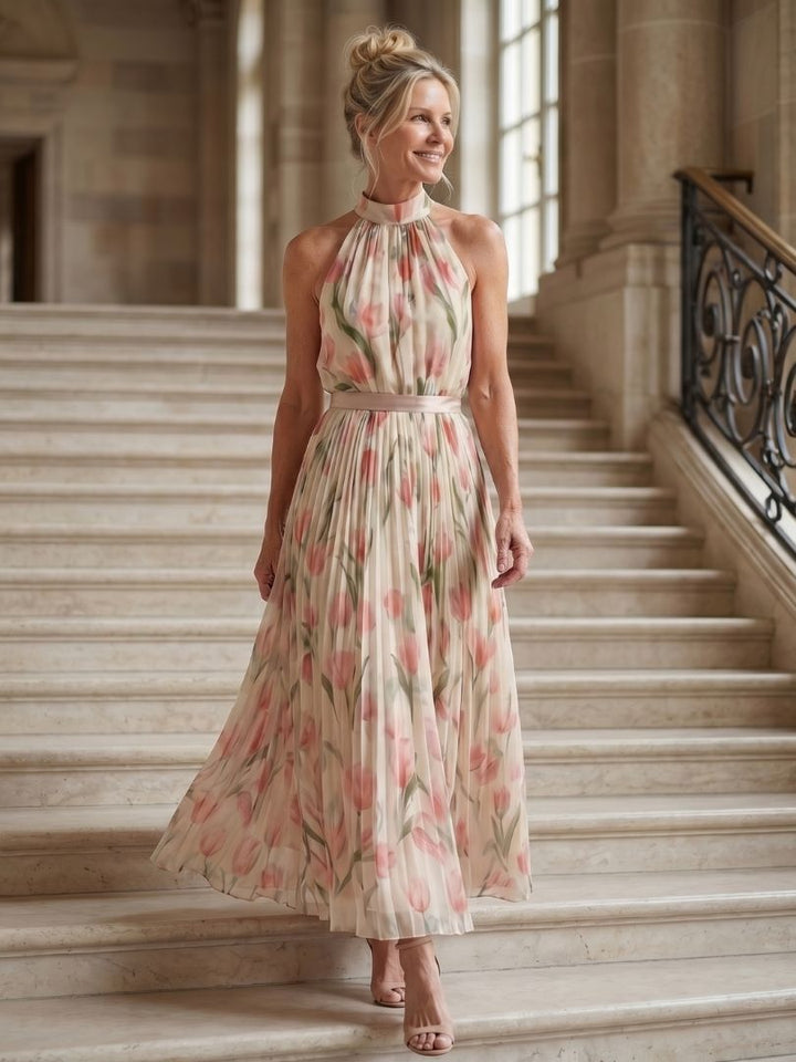 Aurelle | Vestido Midi Floral com Decote Halterneck