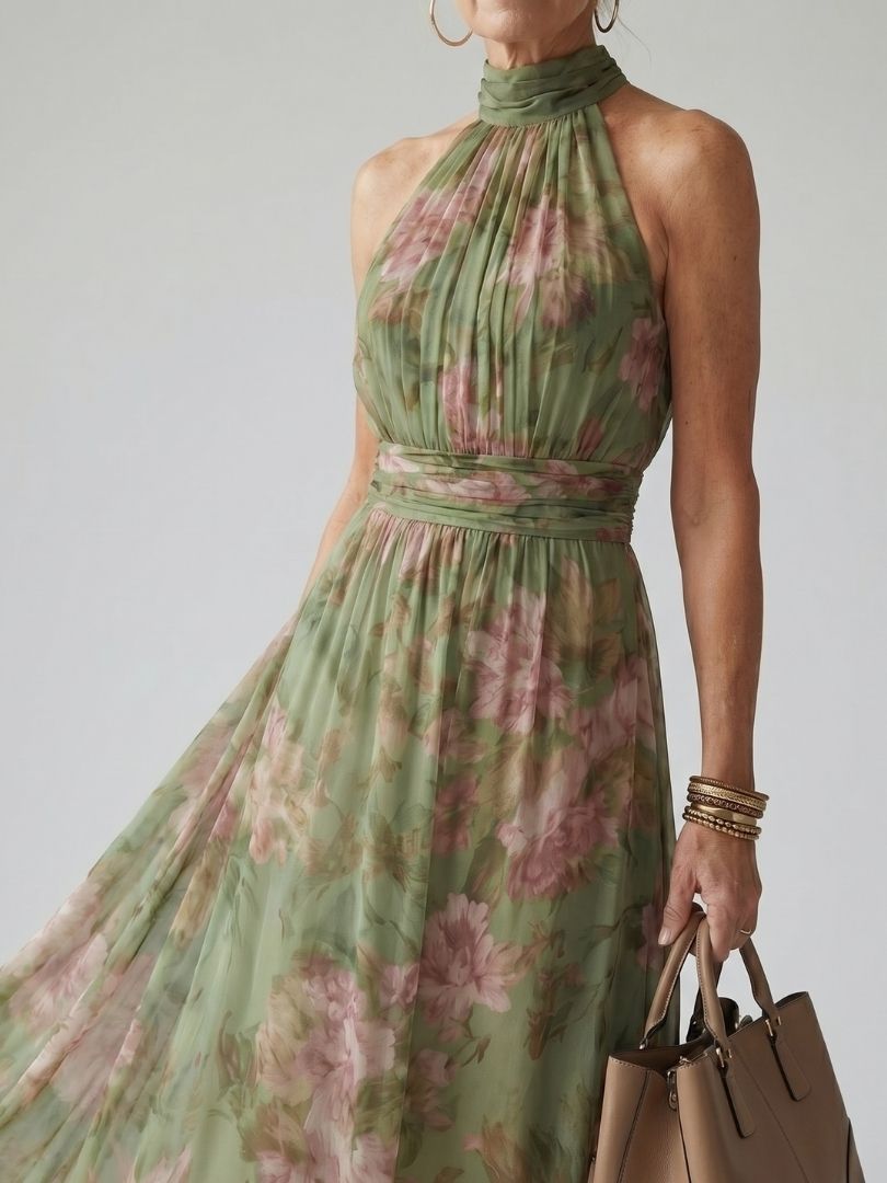 Mirelle | Vestido Midi com Decote Halter Franzido
