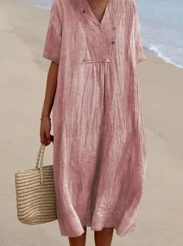 Sandra | Vestido informal com textura de linho e decote em V