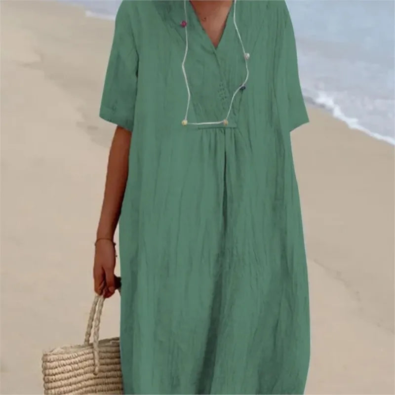 Sandra | Vestido informal com textura de linho e decote em V