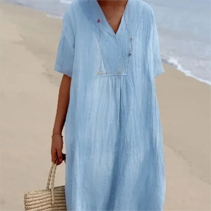 Sandra | Vestido informal com textura de linho e decote em V