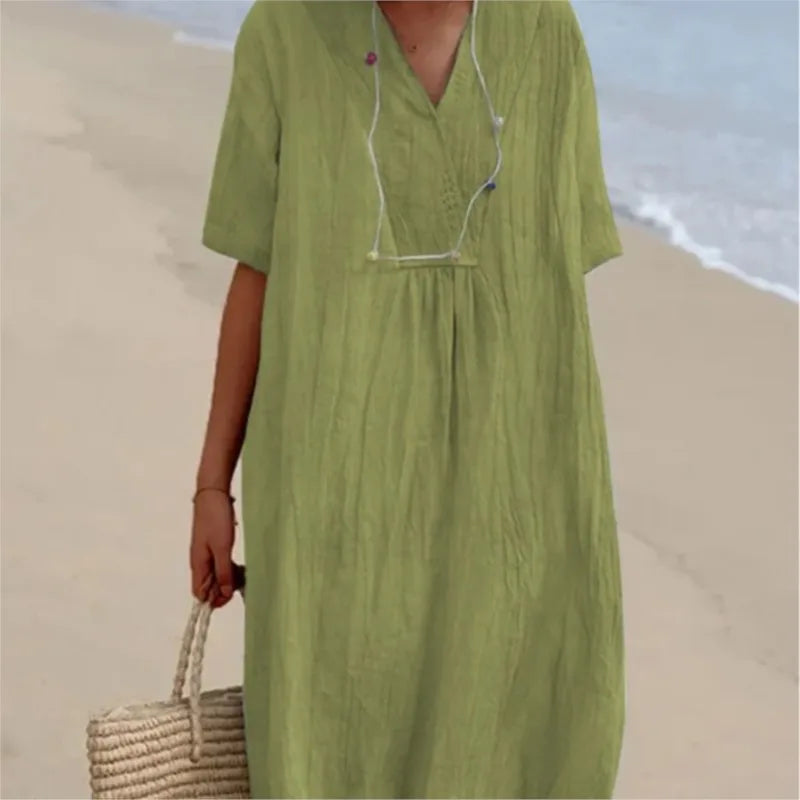 Sandra | Vestido informal com textura de linho e decote em V