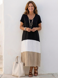Thalia | Vestido midi de decote em V com mangas curtas em blocos de cores