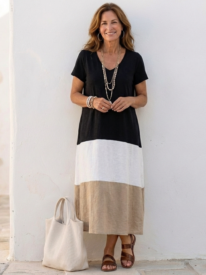 Thalia | Vestido midi de decote em V com mangas curtas em blocos de cores