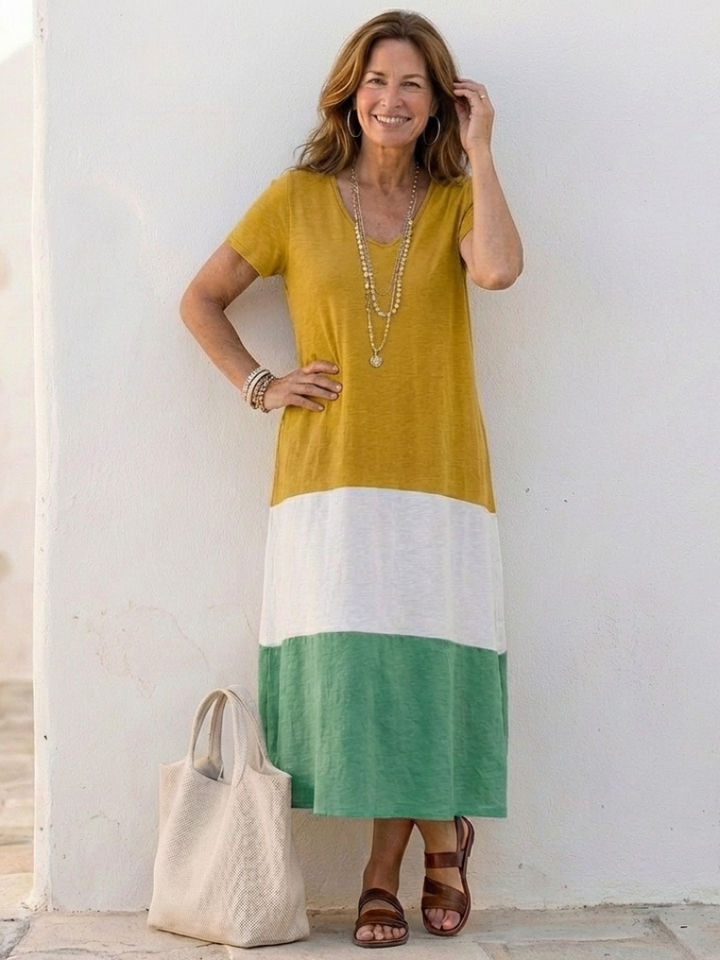 Thalia | Vestido midi de decote em V com mangas curtas em blocos de cores
