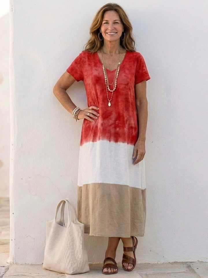 Thalia | Vestido midi de decote em V com mangas curtas em blocos de cores