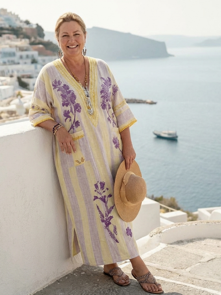 Aurelia | Vestido longo com decote em V, mangas curtas, estampa floral riscada