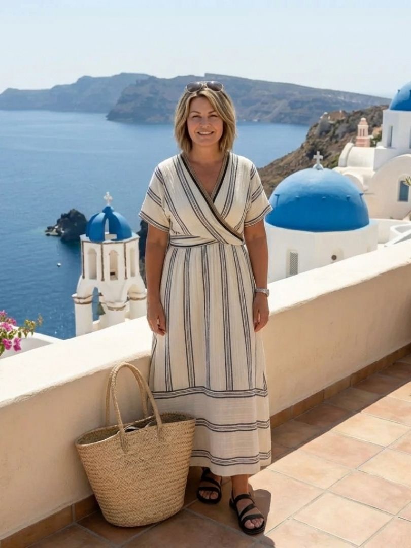 Thalassa | Vestido midi com decote em V, manga curta e cintura envolta