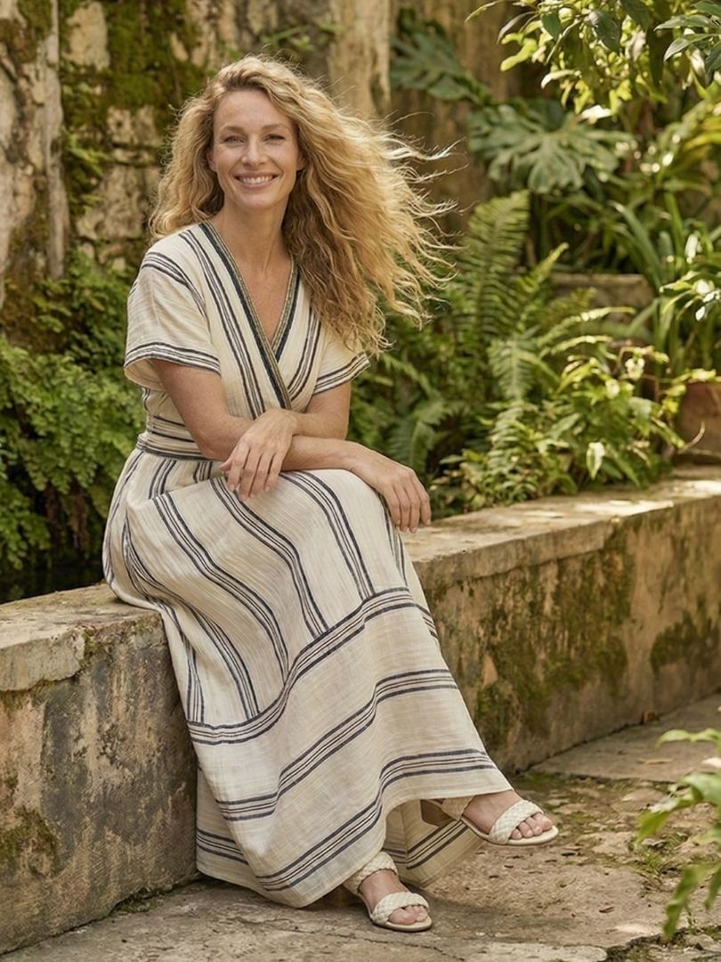 Thalassa | Vestido midi com decote em V, manga curta e cintura envolta