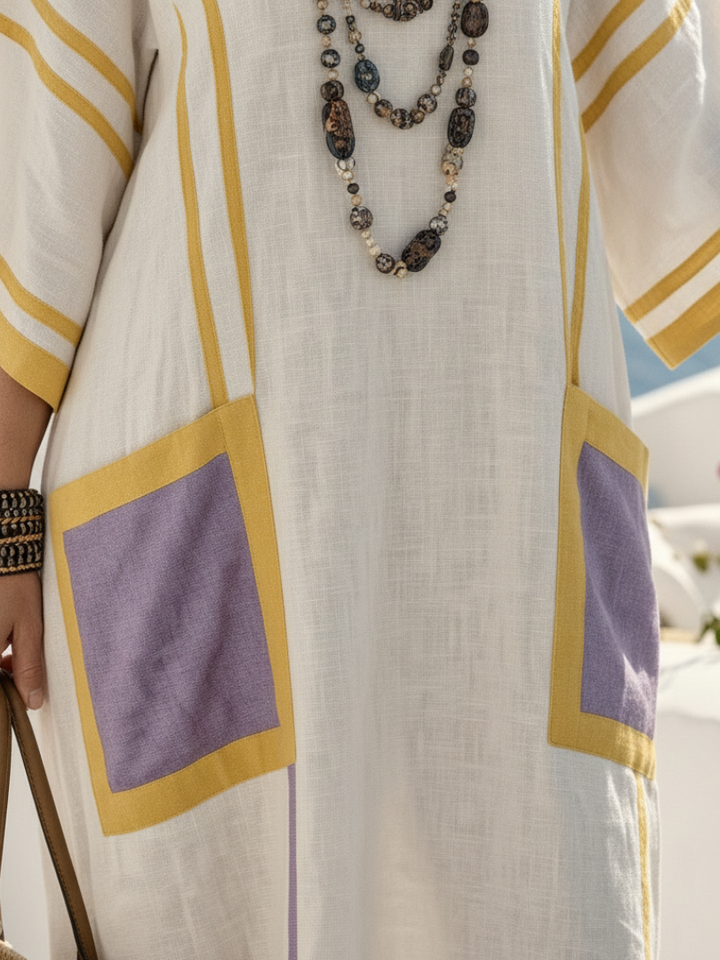 Aurora | Vestido Maxi com decote em V, mangas curtas e bolso