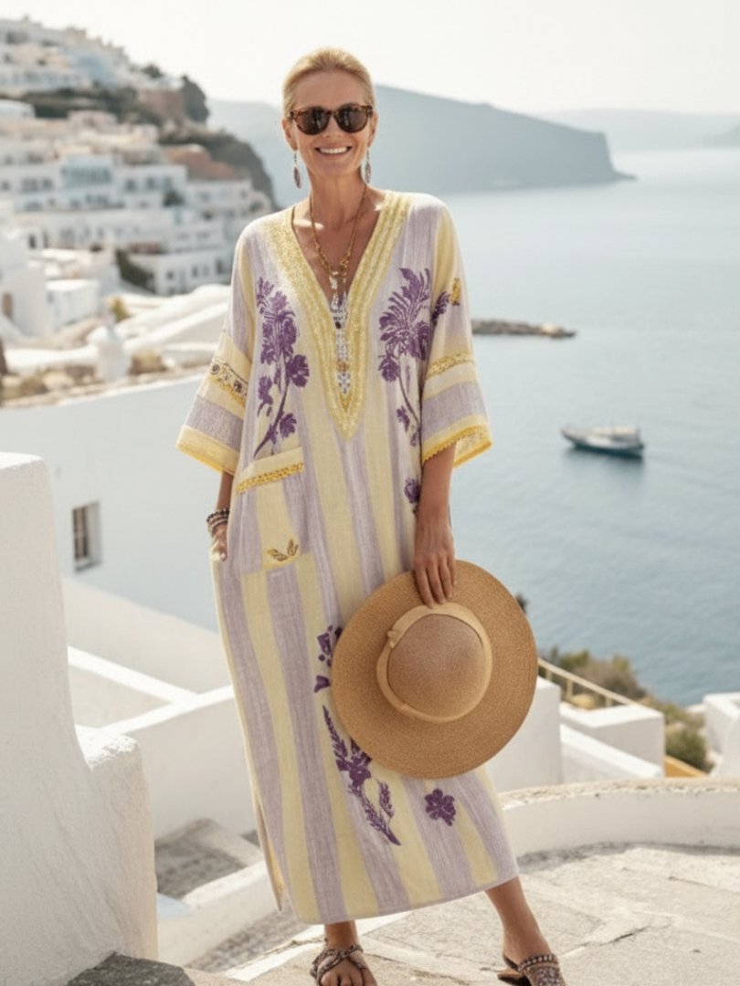Aurelia | Vestido longo com decote em V, mangas curtas, estampa floral riscada