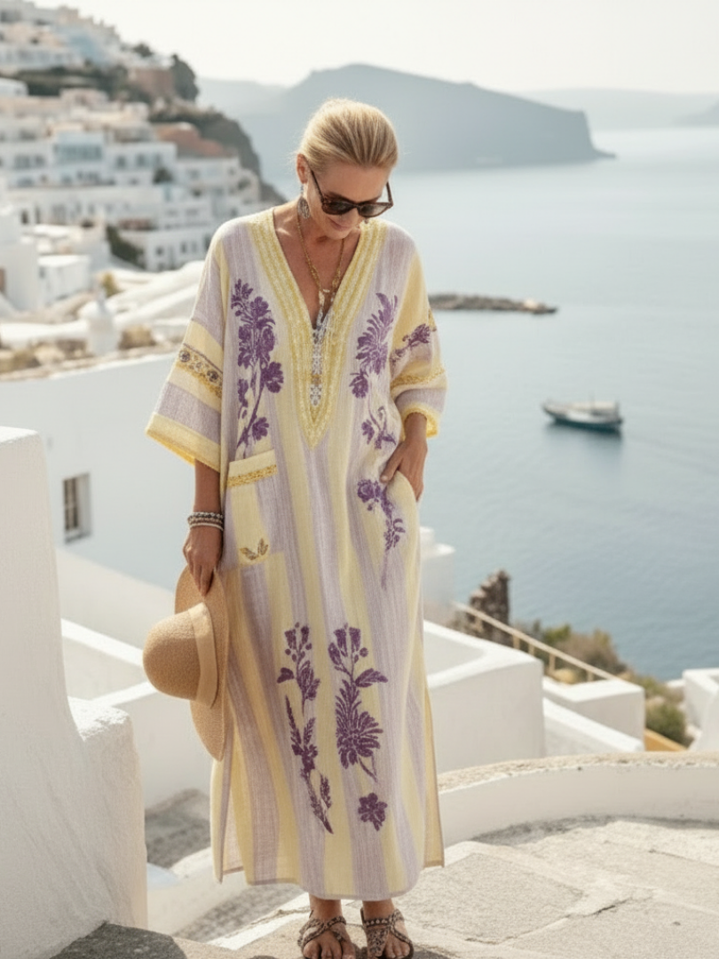 Aurelia | Vestido longo com decote em V, mangas curtas, estampa floral riscada