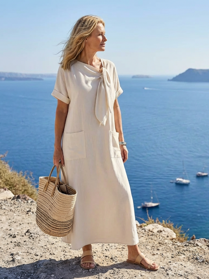 Elowyn | Vestido Maxi com Decote Redondo, Manga Curta e Bolso