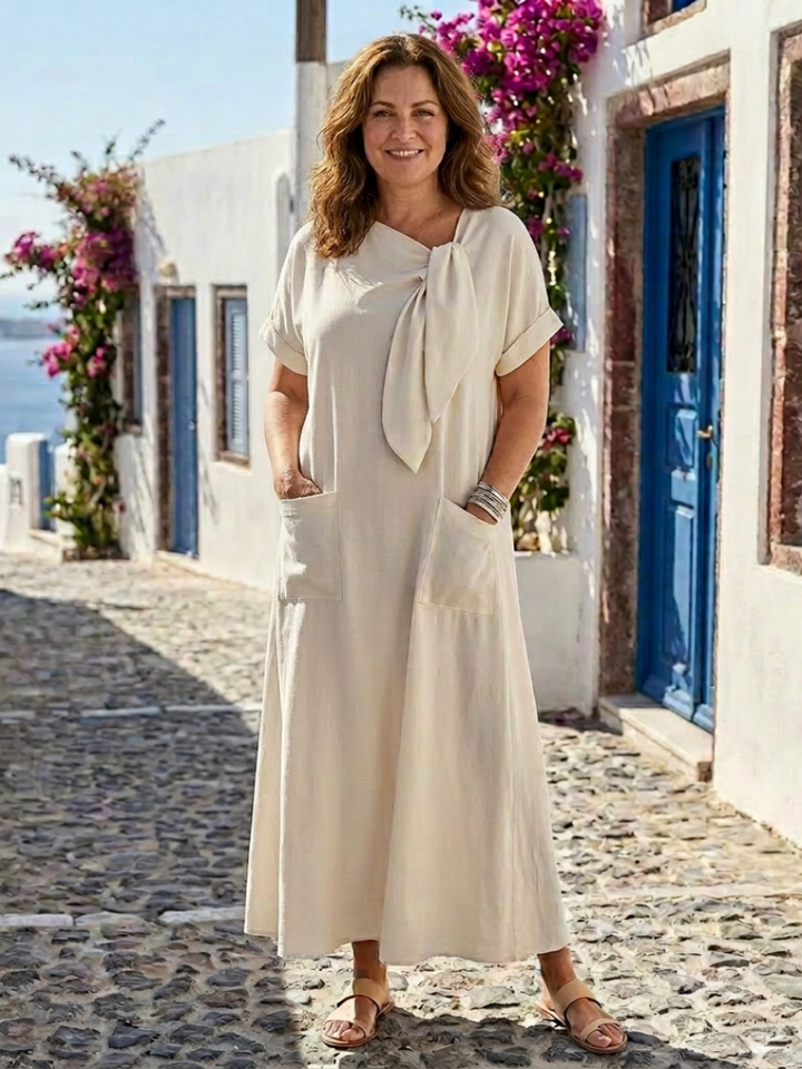 Elowyn | Vestido Maxi com Decote Redondo, Manga Curta e Bolso