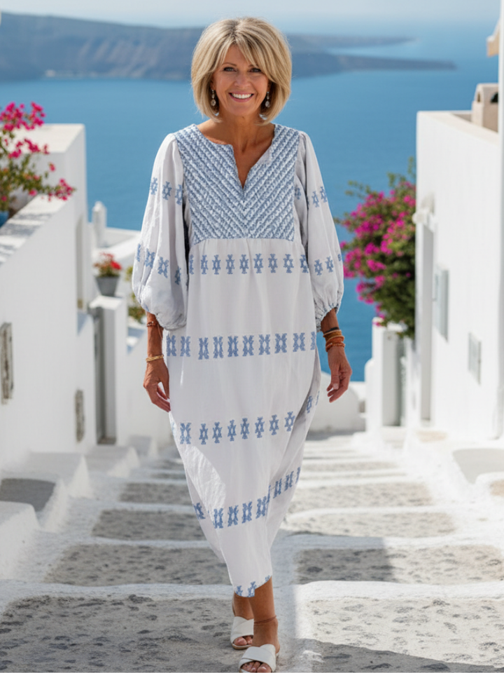 Luna | Vestido maxi bordado com decote em V e mangas compridas