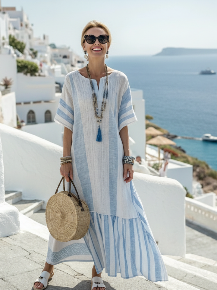 Ione | Vestido longo listrado de decote redondo com mangas curtas