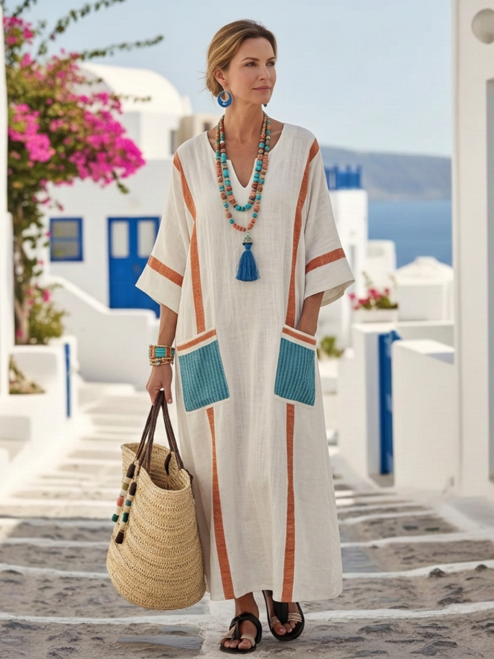 Noemi | Vestido maxi com decote em V, manga curta, com bolso