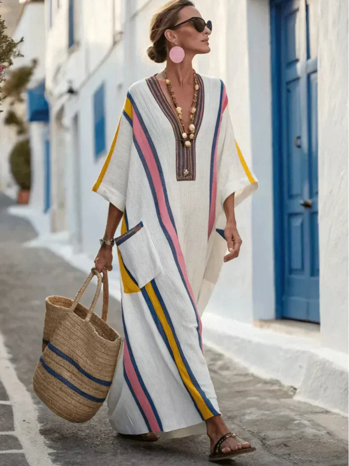 Noemi | Vestido maxi com decote em V, manga curta, com bolso