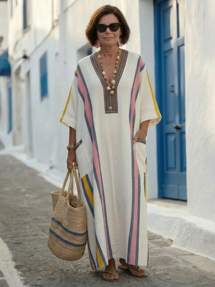 Noemi | Vestido maxi com decote em V, manga curta, com bolso