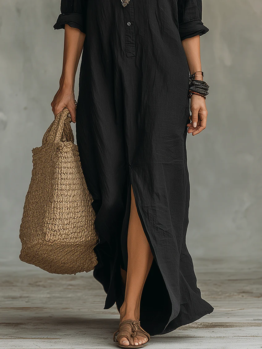 Celeste | Vestido maxi folgado com decote em V e botões