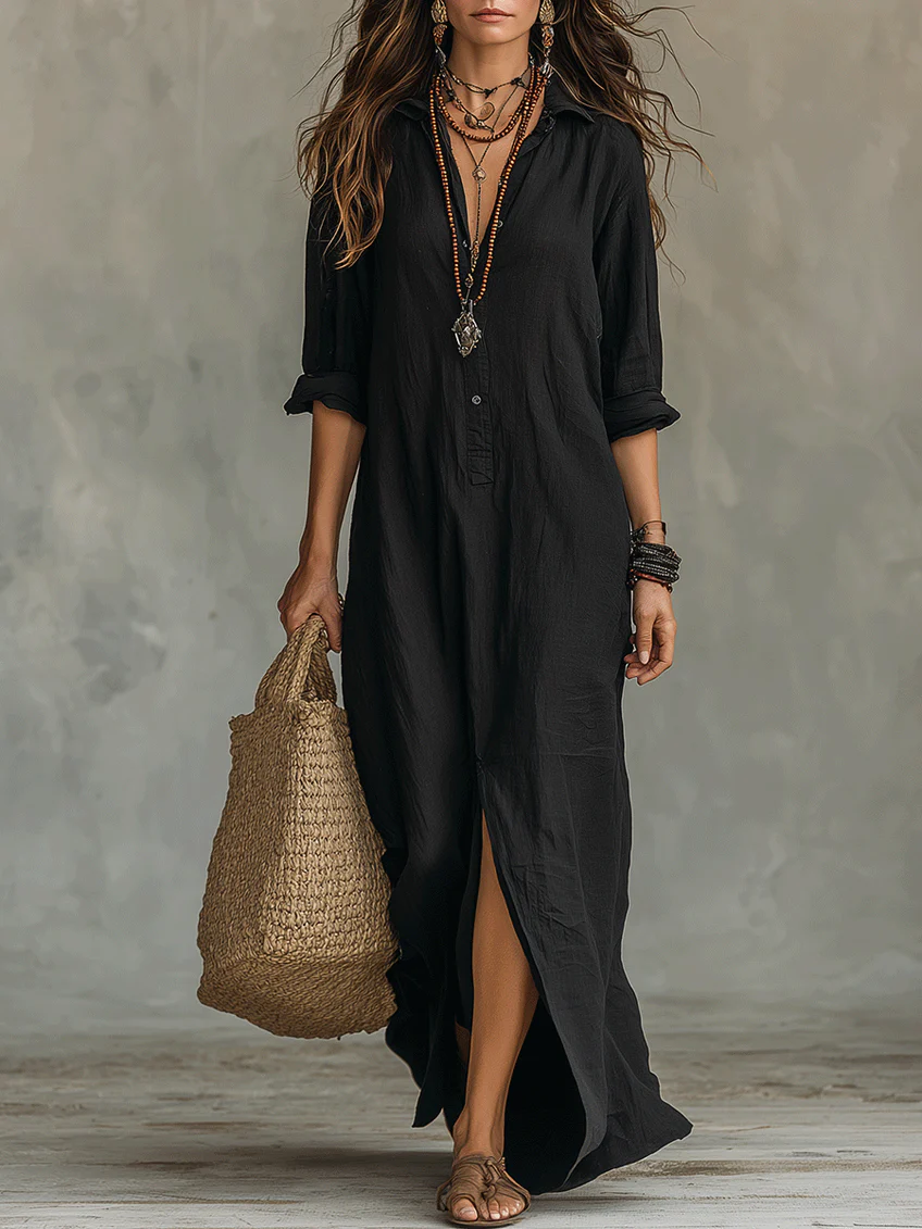 Celeste | Vestido maxi folgado com decote em V e botões