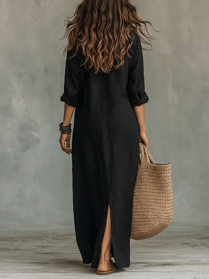 Celeste | Vestido maxi folgado com decote em V e botões