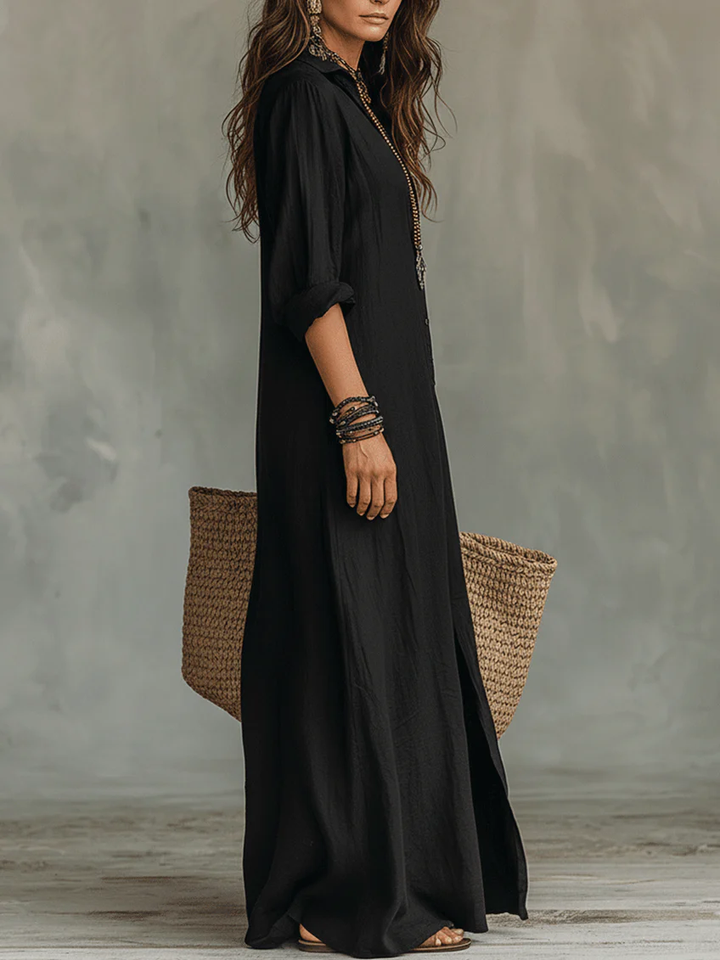 Celeste | Vestido maxi folgado com decote em V e botões
