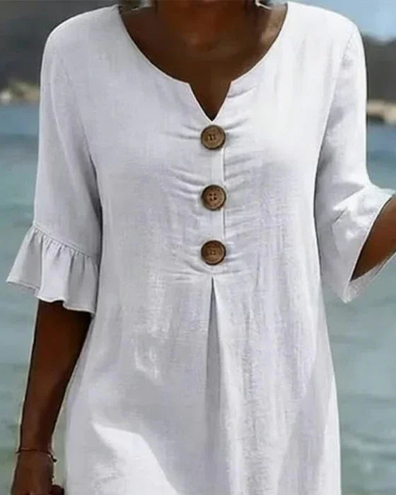 Vanesa  | Vestido com textura de linho com mangas bufantes e botões