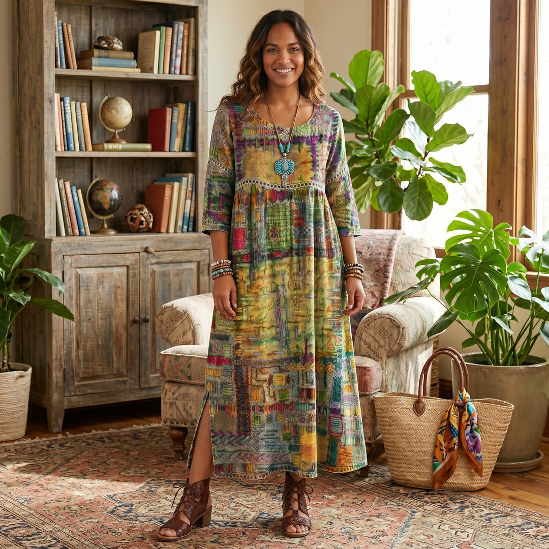 Amélia | Vestido Midi com Padrão Abstrato