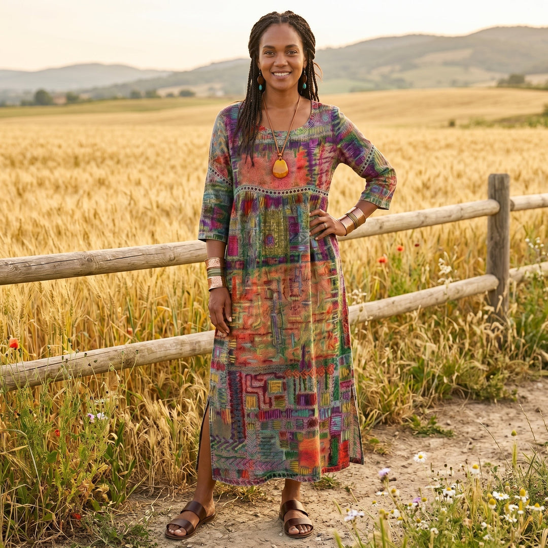 Amélia | Vestido Midi com Padrão Abstrato