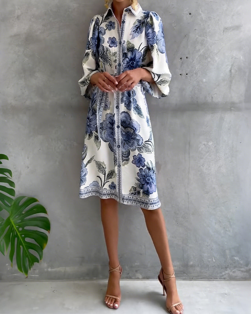 Inês | Vestido de Manga Lanterna com Gola Cranté Estampado