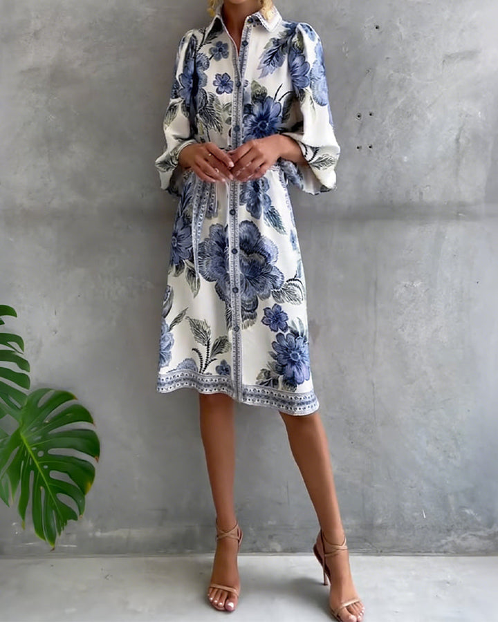 Inês | Vestido de Manga Lanterna com Gola Cranté Estampado
