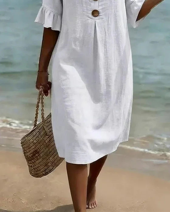 Vanesa  | Vestido com textura de linho com mangas bufantes e botões