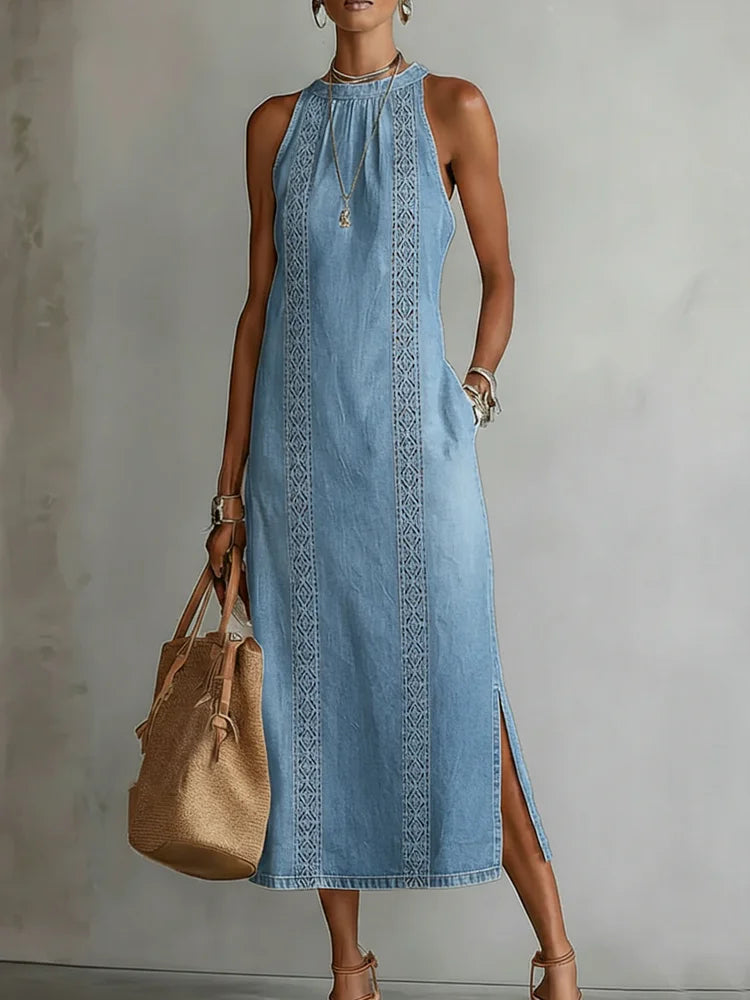 Julia™ | Vestido de denim com renda retrô