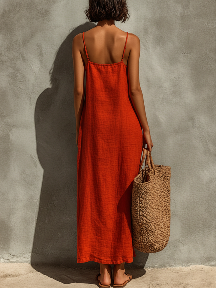 Bruna | Vestido de algodão vermelho para mulher com alças finas e decote quadrado