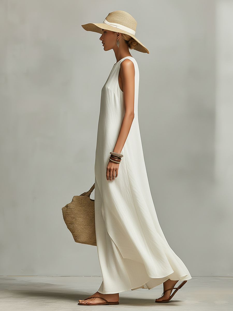 Vestido feminino de linho respirável na cor marfim, com detalhe sem mangas e barra assimétrica, estilo contemporâneo