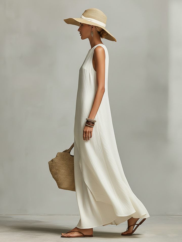 Vestido feminino de linho respirável na cor marfim, com detalhe sem mangas e barra assimétrica, estilo contemporâneo