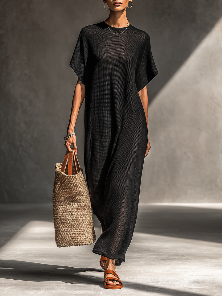 Vestido maxi de malha transparente com mangas curtas