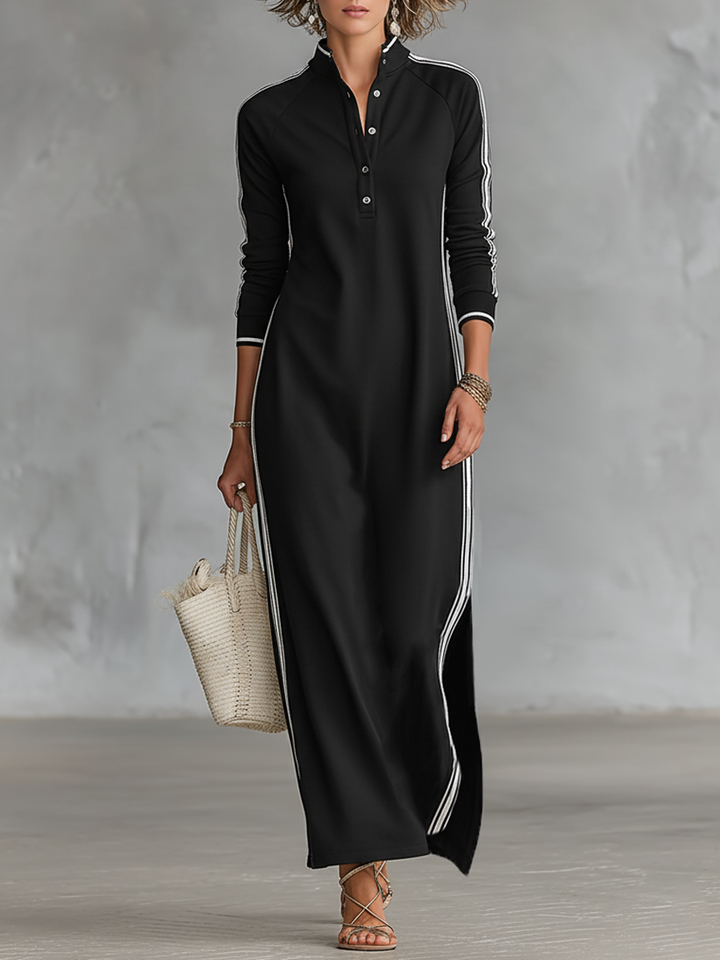 Júlia | Vestido maxi minimalista de malha com gola de camisa