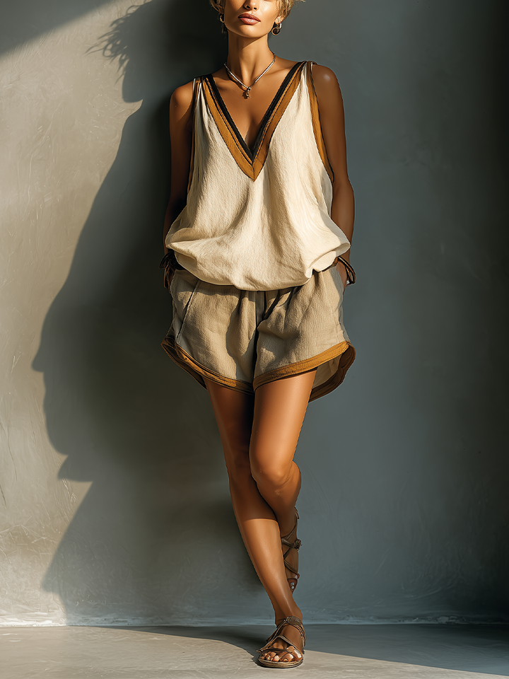 Conjunto de duas peças feminino bege com top sem mangas de mistura de linho com decote em V e shorts cáqui, com detalhes em contraste
