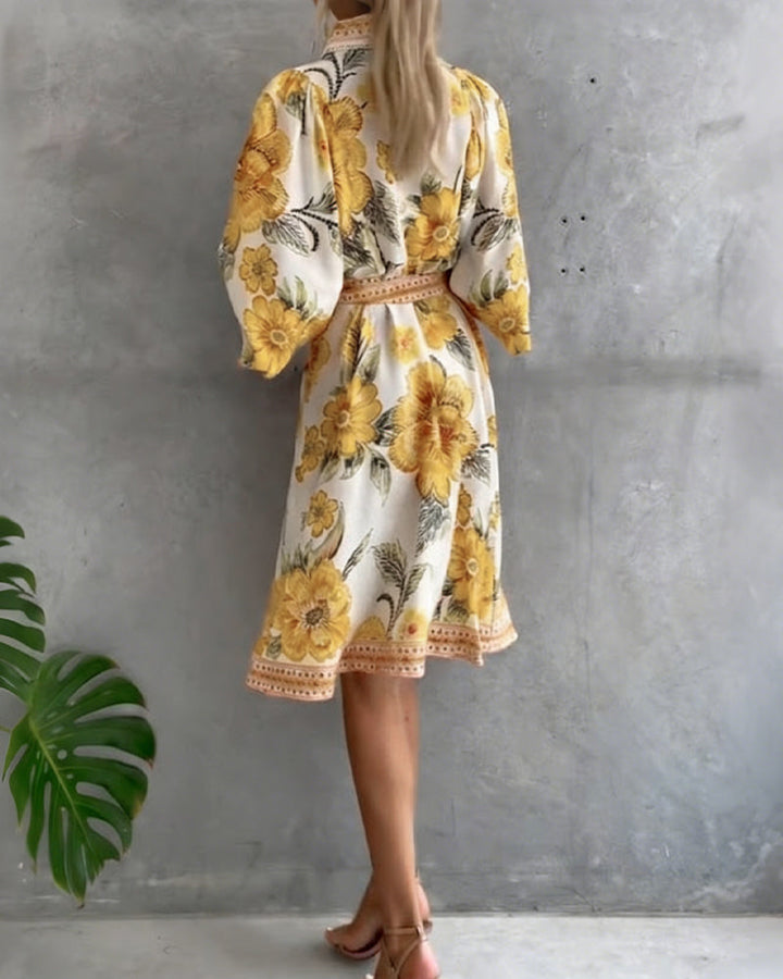 Inês | Vestido de Manga Lanterna com Gola Cranté Estampado