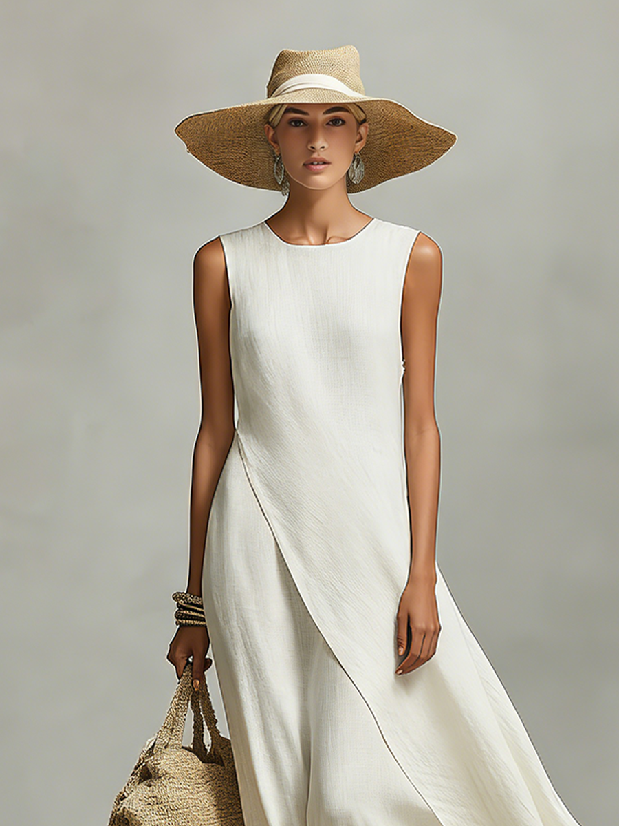 Vestido feminino de linho respirável na cor marfim, com detalhe sem mangas e barra assimétrica, estilo contemporâneo