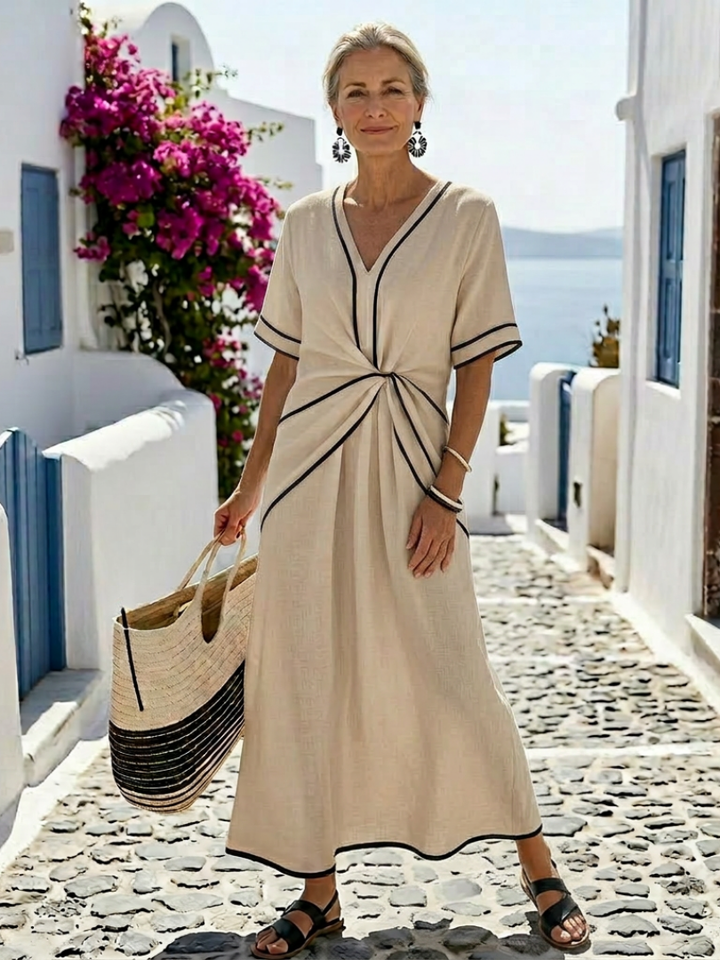 Linnea | Decote em V Manga Curta Cintura Franzida Vestido Midi