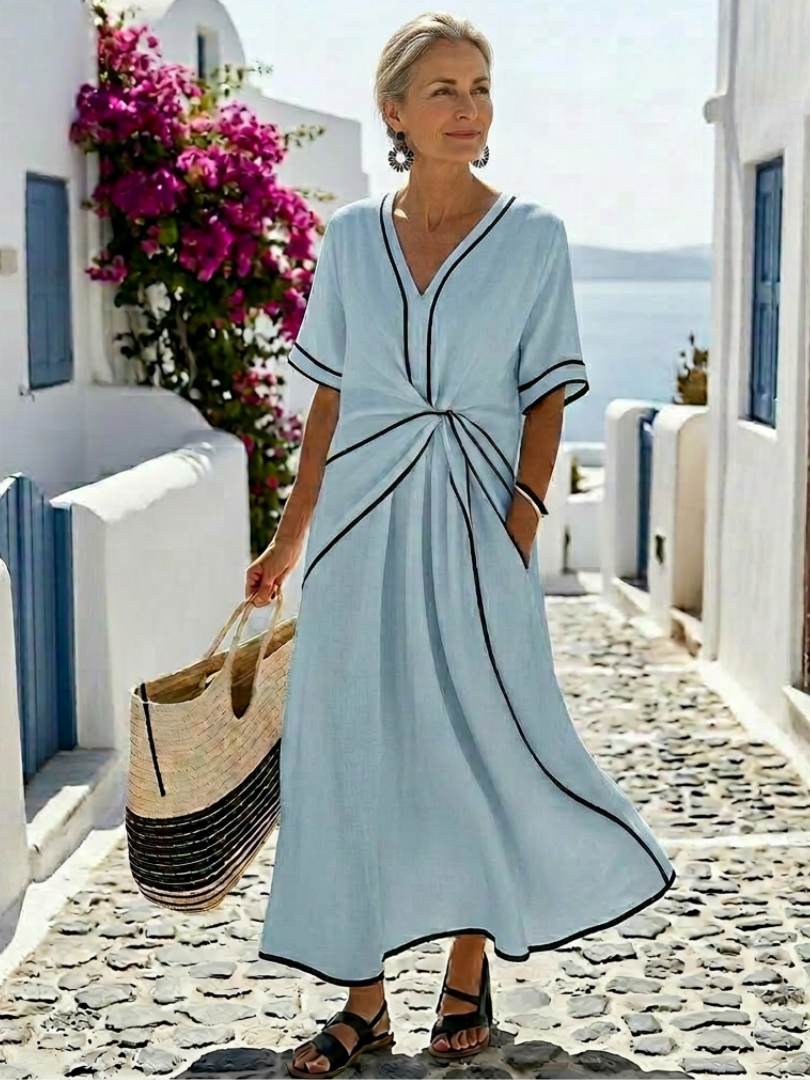 Linnea | Decote em V Manga Curta Cintura Franzida Vestido Midi
