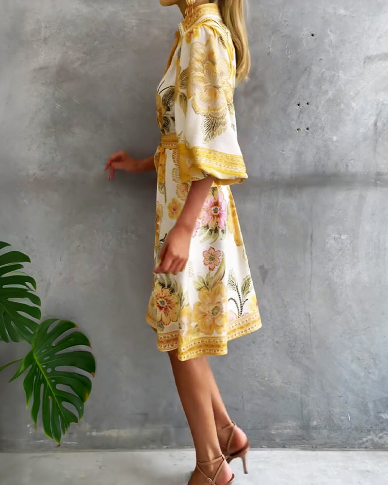 Inês | Vestido de Manga Lanterna com Gola Cranté Estampado