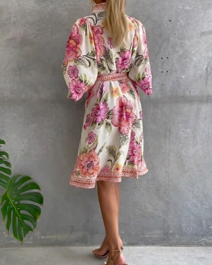 Inês | Vestido de Manga Lanterna com Gola Cranté Estampado