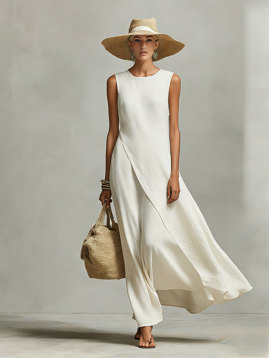 Vestido feminino de linho respirável na cor marfim, com detalhe sem mangas e barra assimétrica, estilo contemporâneo